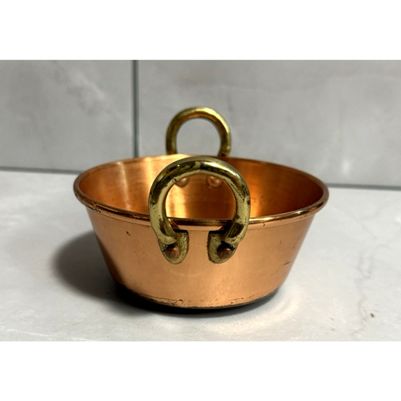Vintage Copper Saucepan with Brass Handles 4" Mini Pot Country Kitchen Decor - Picture 4 of 7